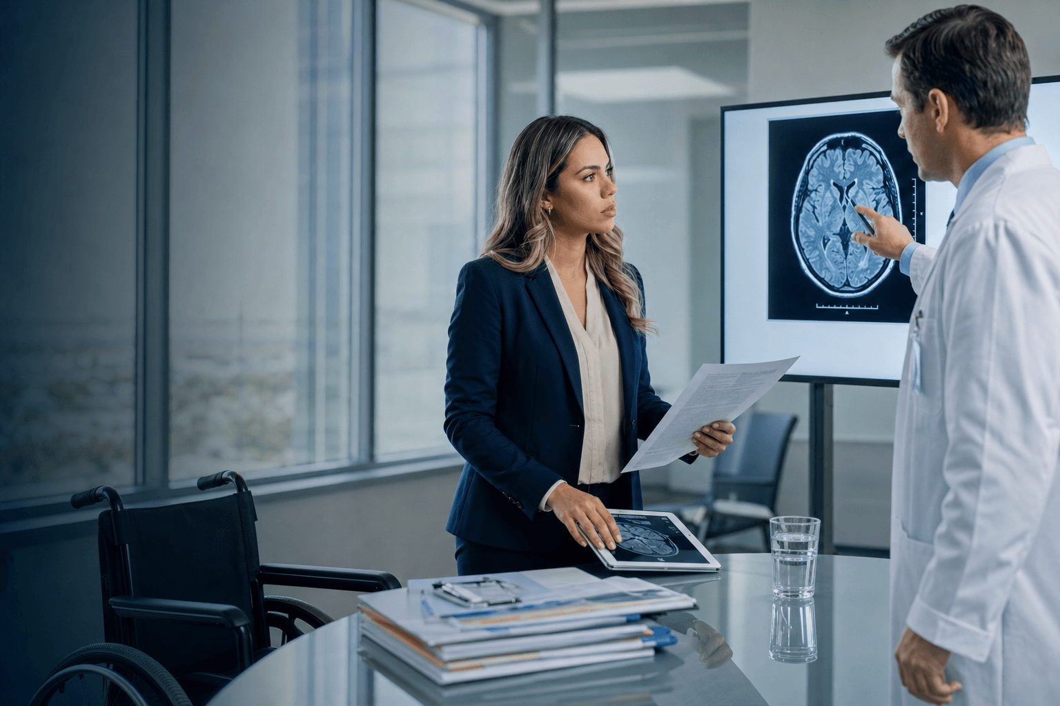 Catastrophic injury lawyer reviewing medical scans with client and family