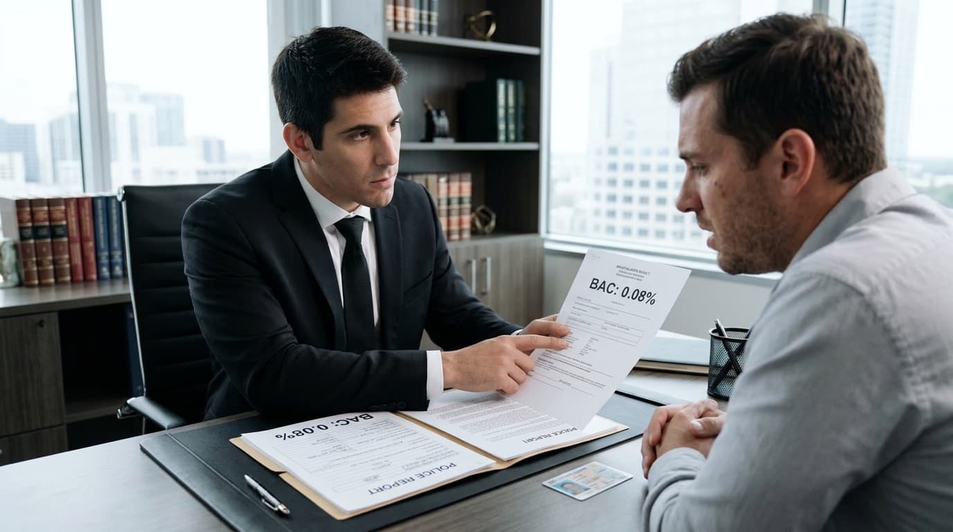 DUI accident lawyer reviewing police report and breathalyzer results with client