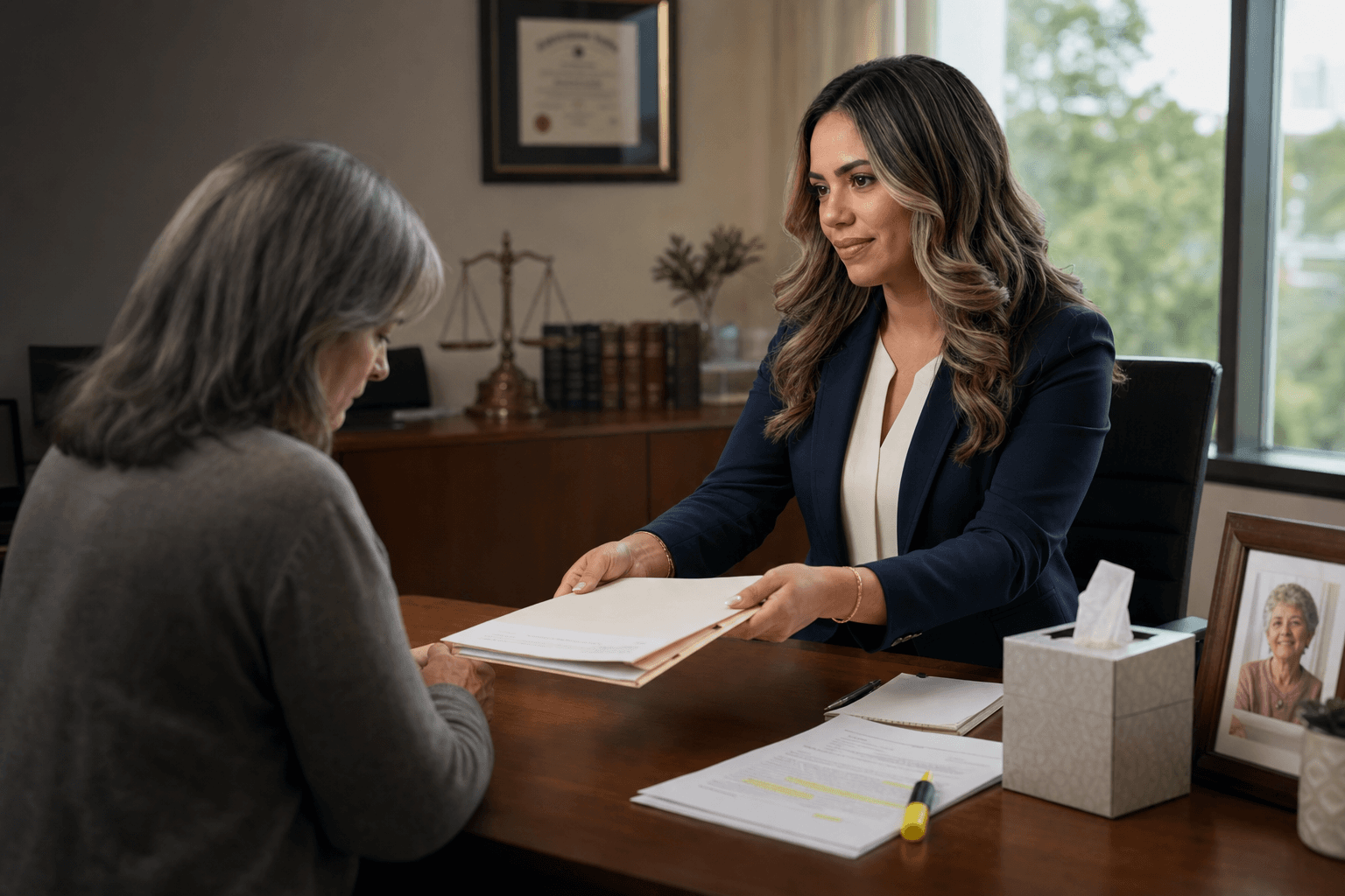 Nursing home abuse lawyer comforting an elderly resident's family member