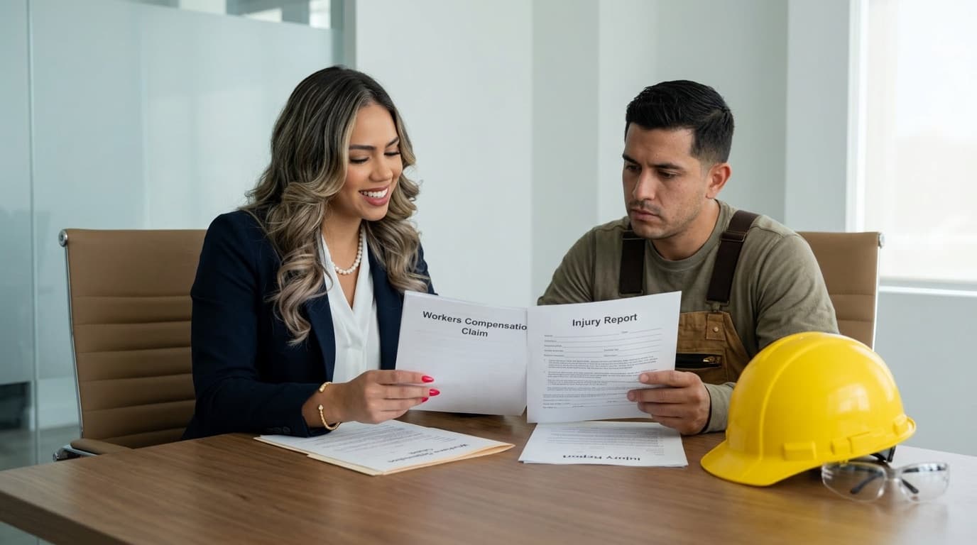 Work injury lawyer reviewing workers compensation claim documents with client